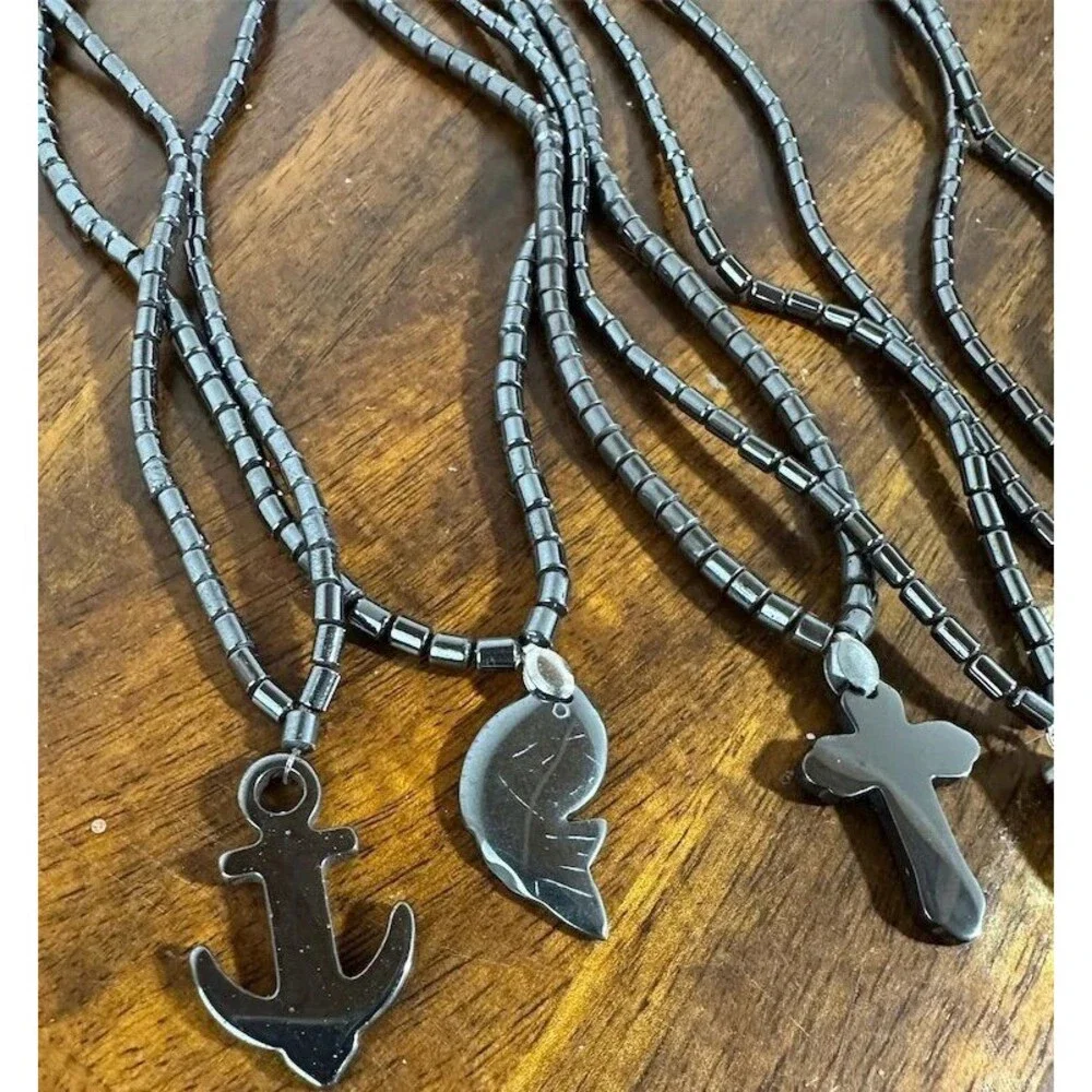 8Pc Hematite Pendant Necklace Lot Horn Cross Anchor Fish Beaded Boho
